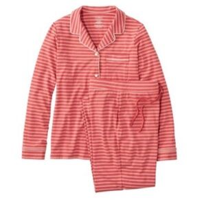 L.L. Bean Women’s Pajama Set Deep Coral and White Stripes